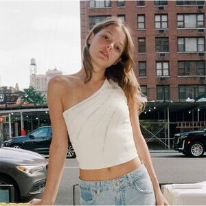 NEW Zara Rib Jewel One Shoulder Top in White - Medium